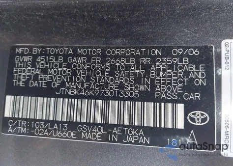 2007 Toyota Camry Xle V6 z USA, uszkodzony, nr VIN JTNBK46K973013305